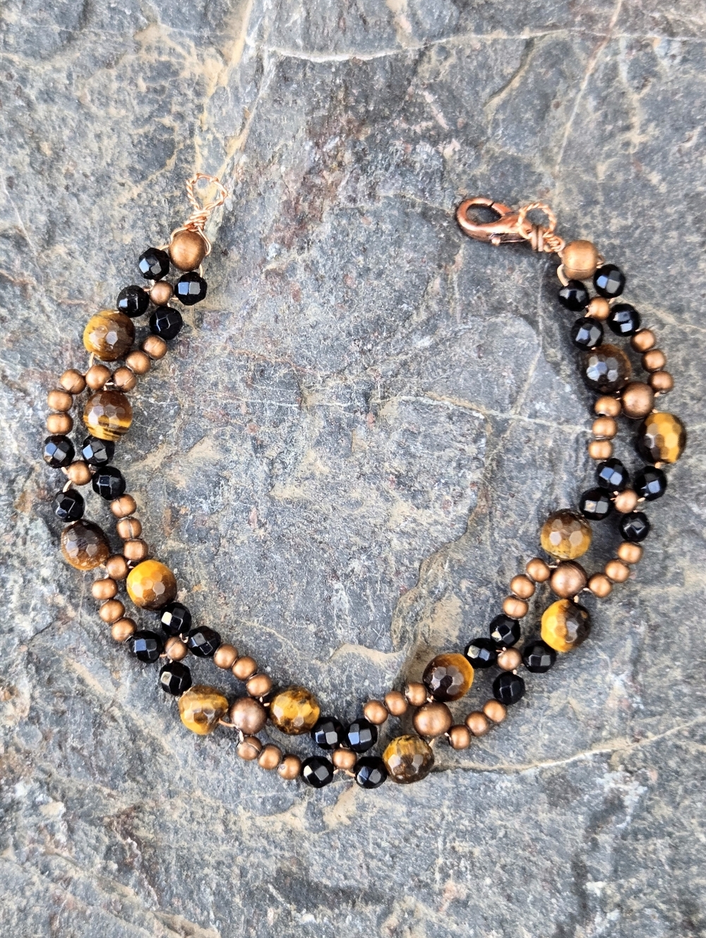 Natural Tiger's Eye & Black Onyx In Handwoven Artisan Bracelet In Antique Copper